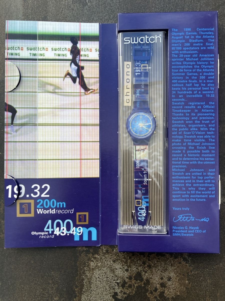 Swatch Orologi: Swatch Olympic Games 1996 Atlanta Michael Johnson – Nuovo e nell'imballaggio originale da Vesin venduto da Erwy