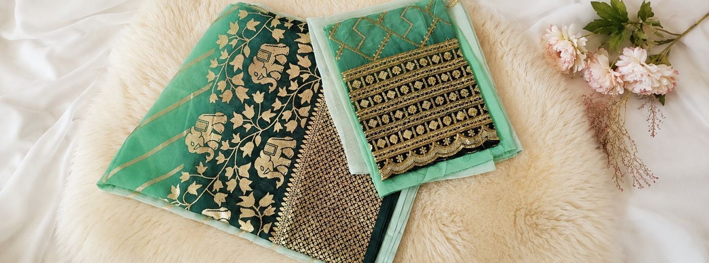 Vestiti: Georgette green saree elephant – Nuovo e nell'imballaggio originale da Les Acacias venduto da minnie6