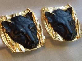 Vintage raffinierte Löwengesicht Schwarz Goldene Ohrclips