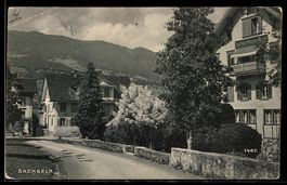AK Sachseln, Straßenpartie mit Häusern und Bergen