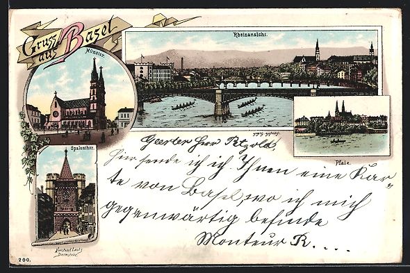 Cartes postales: Litho Basel, Spalenthor, Münster, Rhein – D'occasion à Berlin par bartko-reher