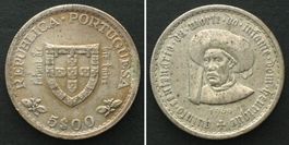 PORTUGAL 5 Escudos 1960, HEINRICH DER SEEFAHRER, Silber vz+