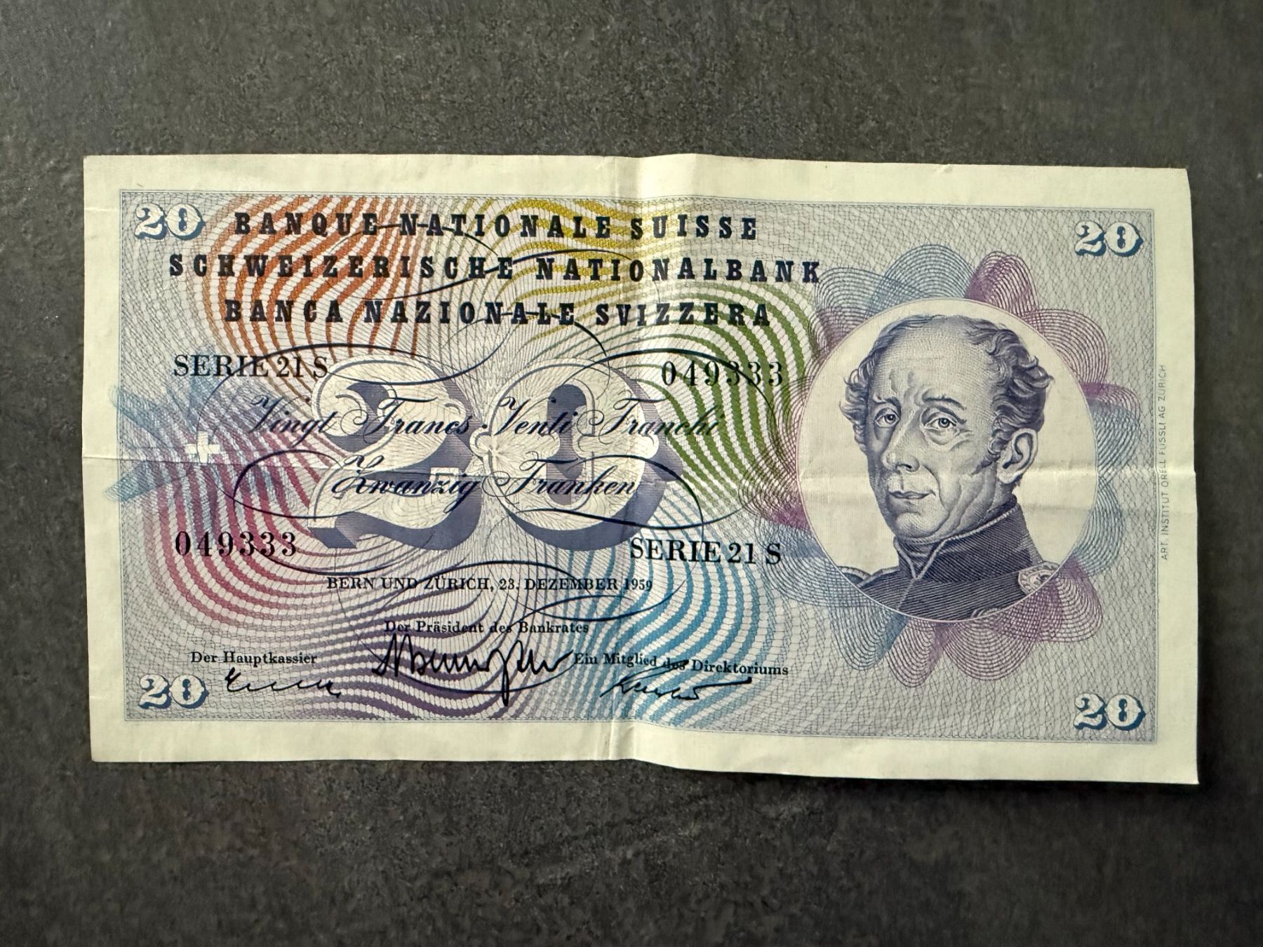 Banconote: Schweizer Banknote 20.00   vom 23. Dezember 1959  Nr. 049333 – Usato da Subingen venduto da ArtBead