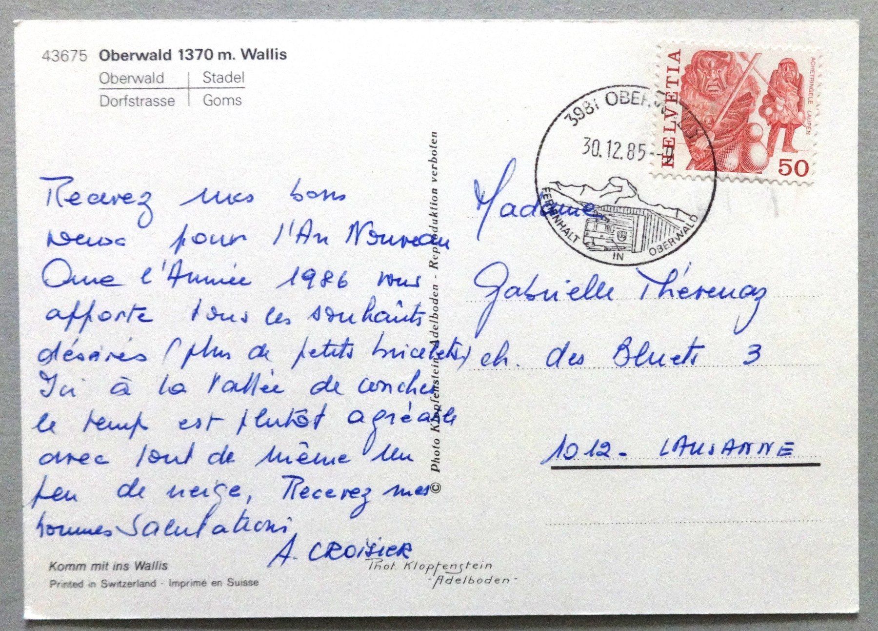 Cartoline postali: Oberwald 1370 m, Wallis – Usato da Fétigny venduto da Billy2miny 1