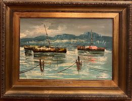 Dipinto olio su tela, marina, barche ormeggiate, XX secolo,