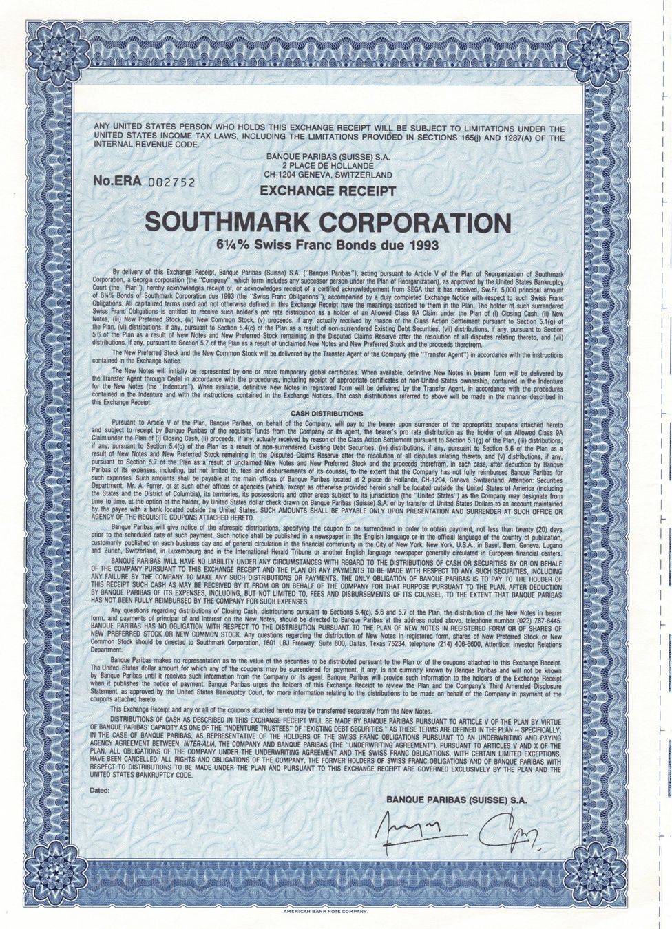 Dokumente: 6 1/4% Southmark Corp 1993 mit Coupon – Gebraucht aus Dübendorf von Aviafan77