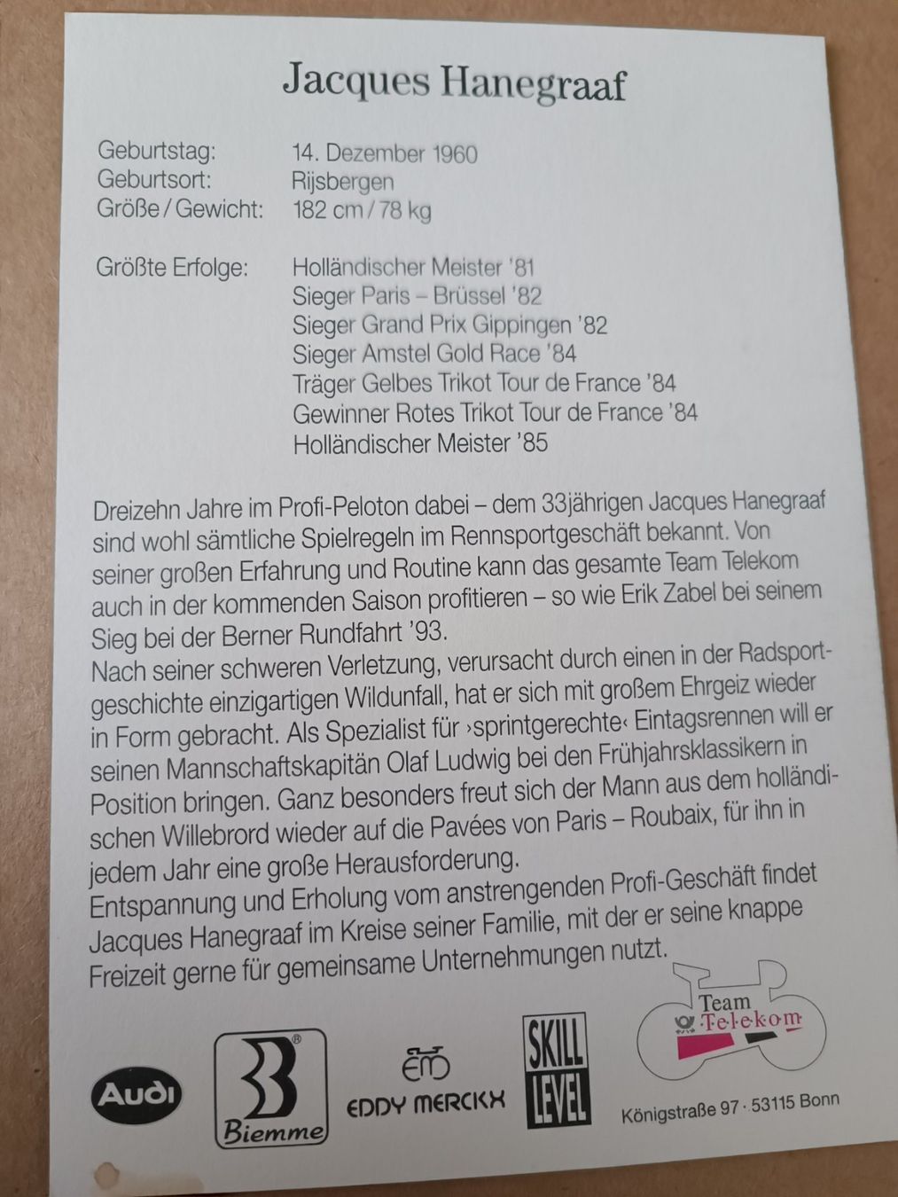 Autografi: Jacques Hanegraaf - handsigniert Autogrammkarte von  1994 – Usato da Menziken venduto da Autogramme 1