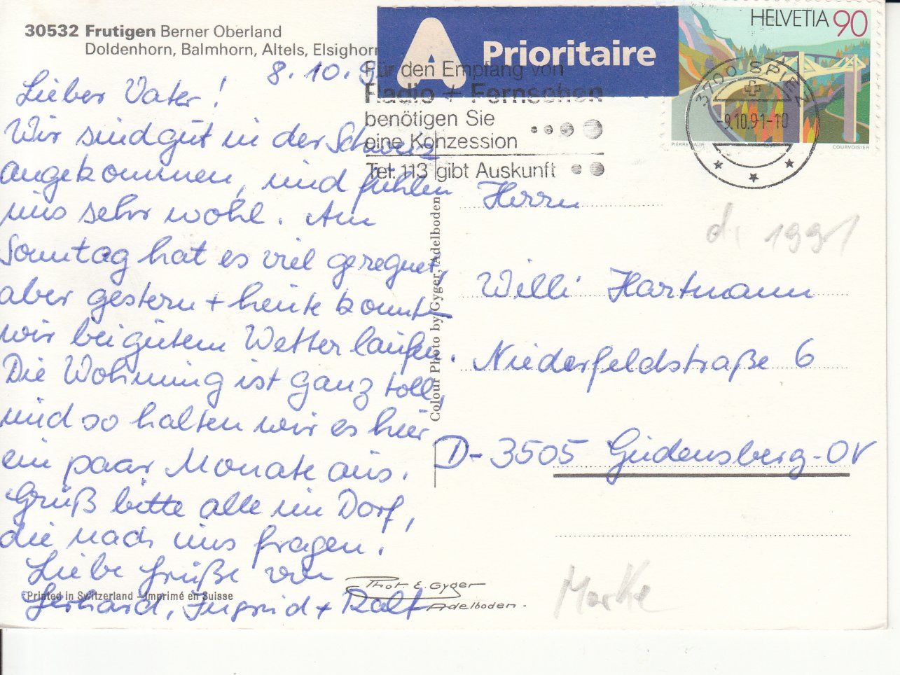 Cartoline postali: Frutigen 1991 – Usato da Bürglen TG venduto da StampGraf 1