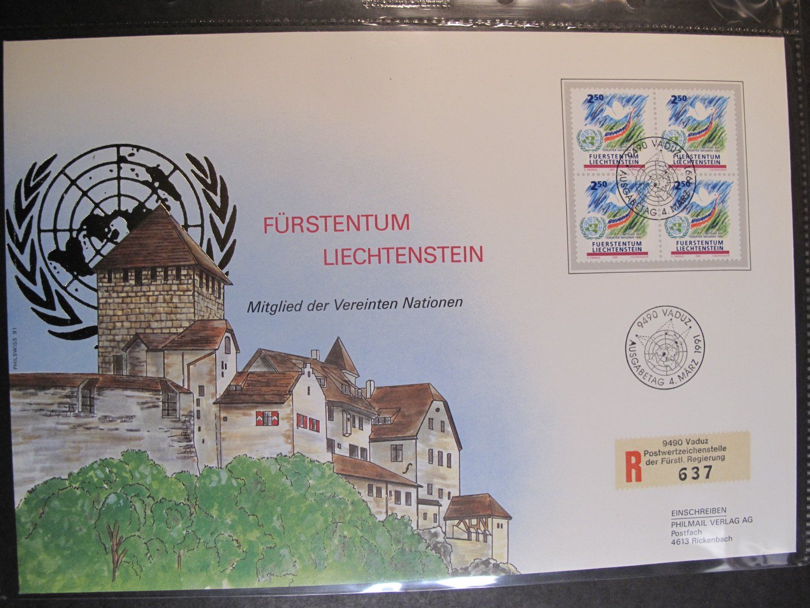 Tutti i francobolli: FL   FDC 1991 UN Mitgliedschaft C4 – Usato da Wil SG venduto da fva01