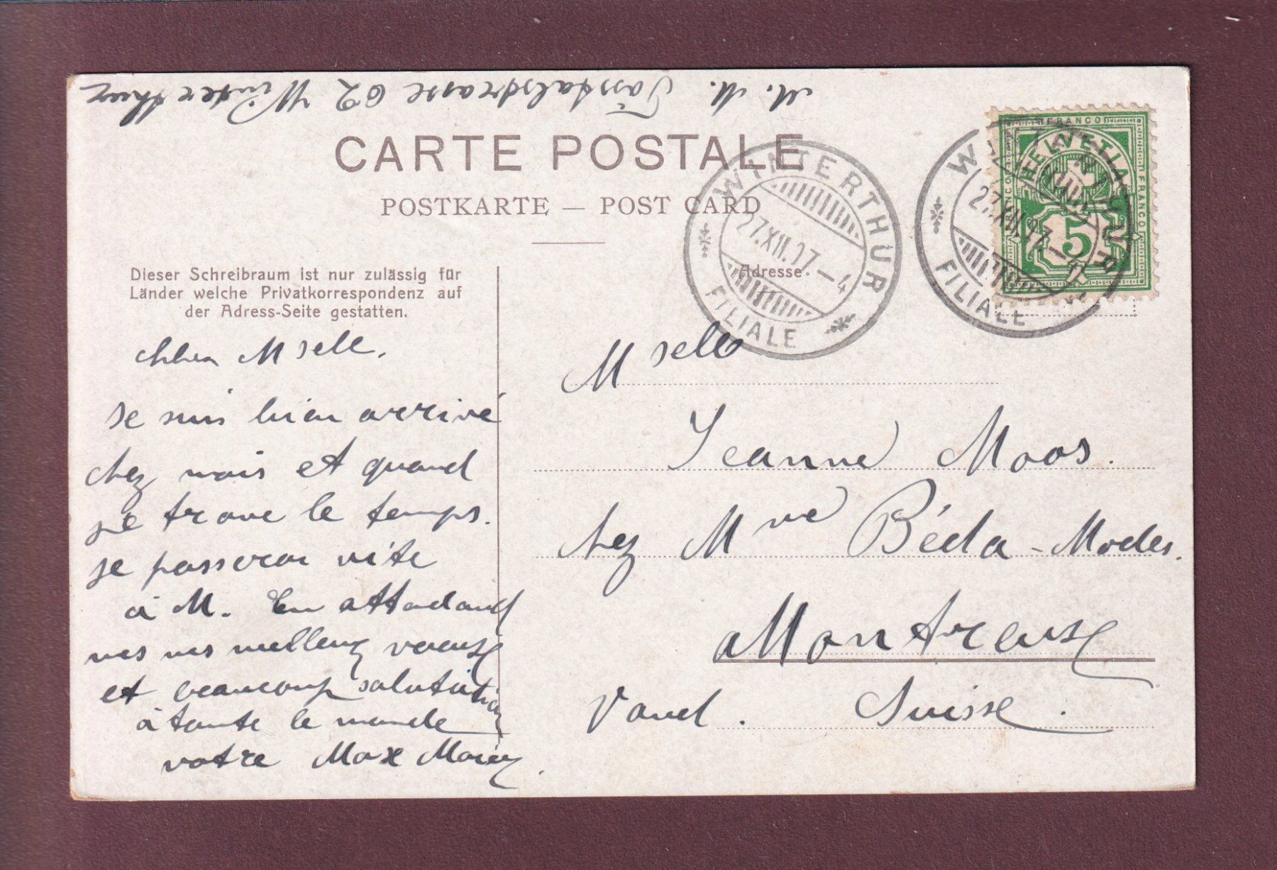Cartoline postali: WINTERTHUR - Partie am Walke-Weiher - 1907 – Usato da Pully venduto da nicecards 1