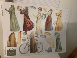 2 Bogen Ankleidepuppen historisch mit Kleidern und Zubehör