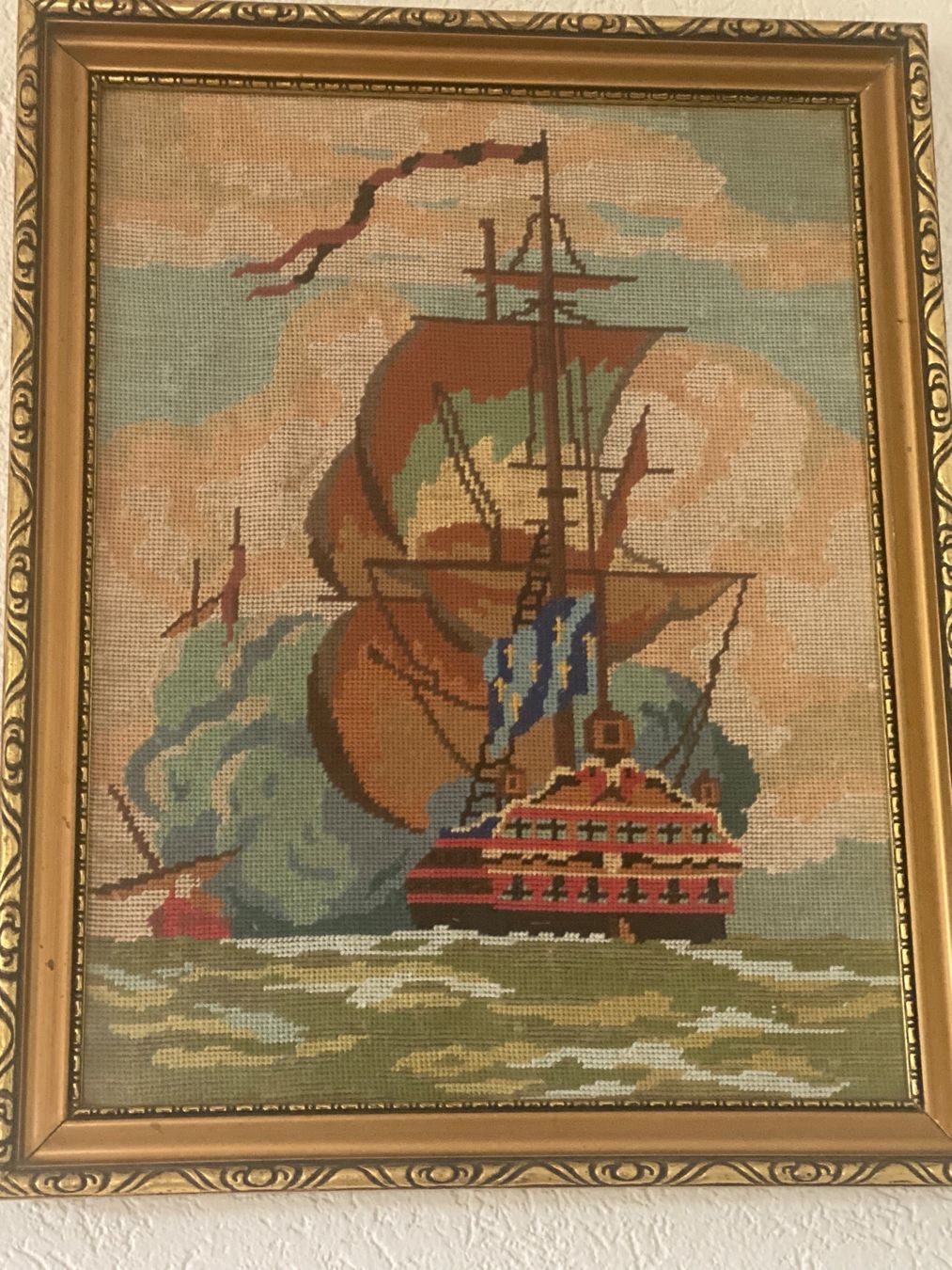 Poster & Bilder: Segelschiff Gobelin bestickte vintage – Gebraucht aus Baden von swiss-alps
