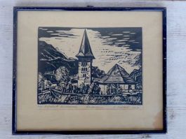 Meiringen Holzschnitt Bild Bärtschi Alt Kunst Stich Grafik