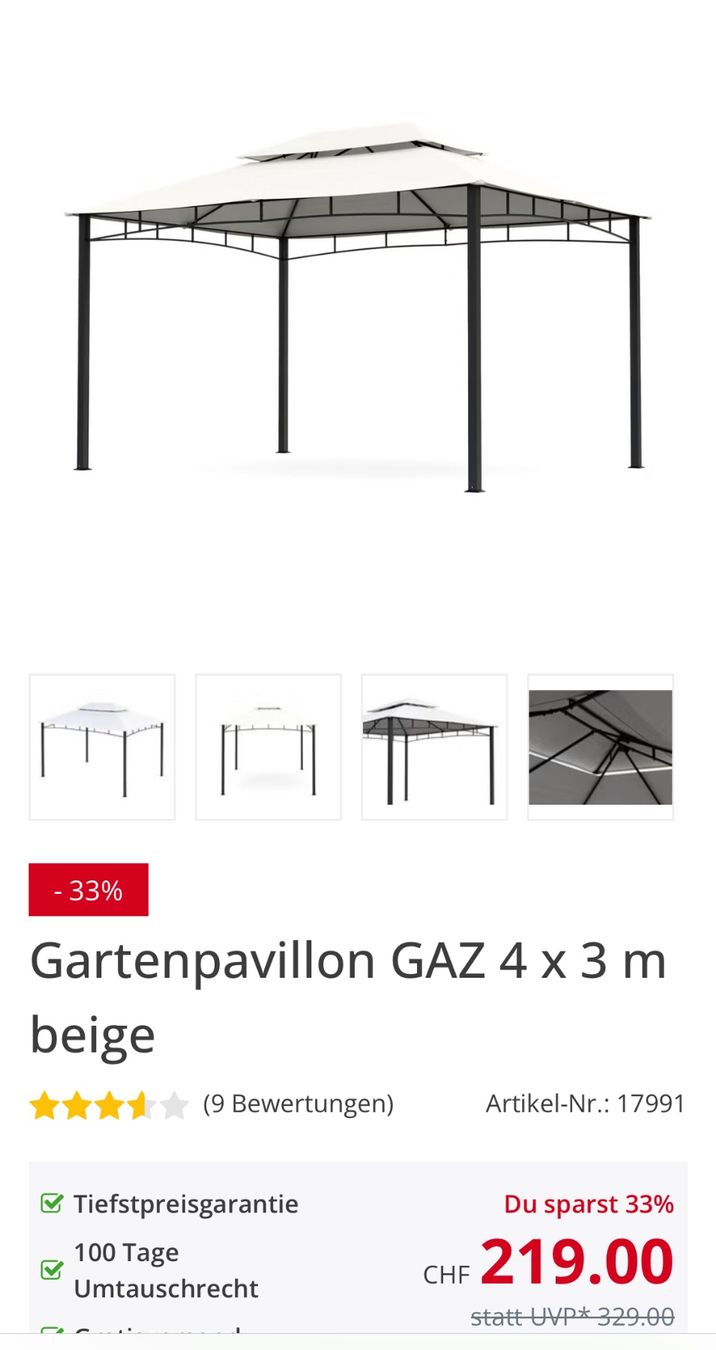 Gonser Tende & Padiglioni: Garten Pavillon 3x4m, Beige, neu, original verpackt. – Nuovo e nell'imballaggio originale da Brunnen venduto da ysi_g8tr