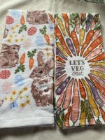 2x Kitchen Towels, Easter Bunnies Carrots, Spring Decoration