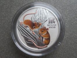 2Unzen Münze Lunar III Maus 2020 Color Australien 999Silber