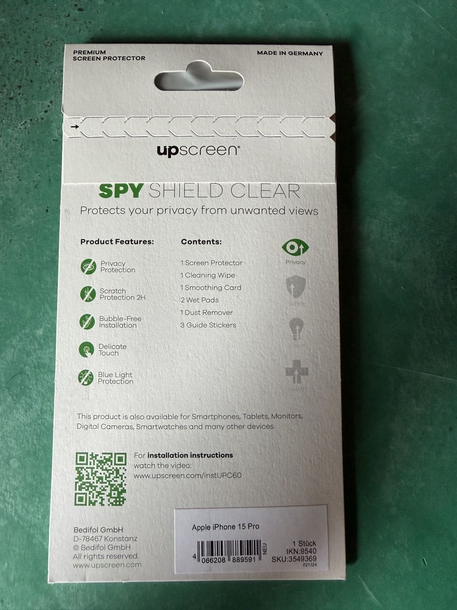 Retouches de peinture & films: upscreen Spy Shield Clear Apple iPhone 15 Pro neu – Neuf avec emballage d'origine à Ligerz par dohirschi 1