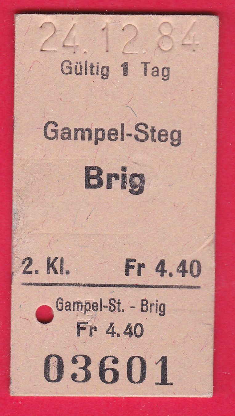 Tickets: KARTON BILLETT, GAMPEL-STEG - BRIG, 2.KLASSE, EINFACH, 1984 – Gebraucht aus Oberrieden von Gebirgsstelze