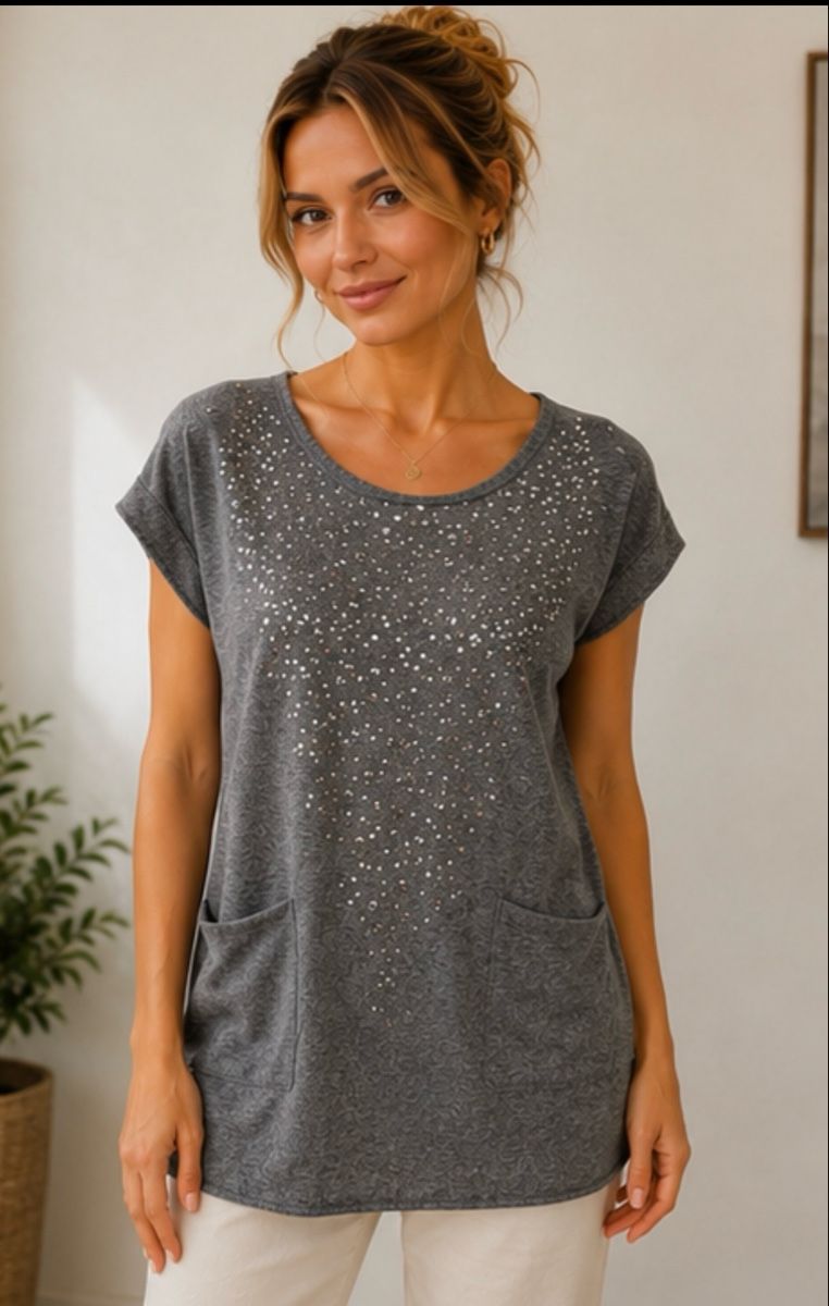 Tuniche: Tunique longue BEST MOUNTAIN grise à sequins – Nuovo e nell'imballaggio originale da Chêne bourg venduto da Elegance_2023