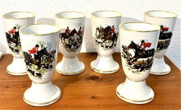 6 Kaffeetassen Mazagrans Porzellan weiss Decor Pferd Reiter