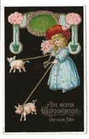 Neujahr - die besten Glückwünsche - Mädchen - Schwein  Litho
