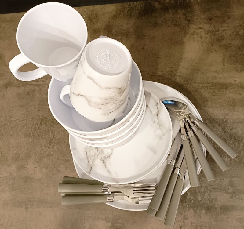16tlg Melamin Geschirr-Set Mit Marmor-Druck – Spülmaschinenfest – Ideal Für Camping, BBQ & Picknick Melamin Geschirr Set Marmor