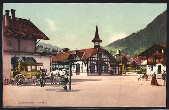 Cartoline postali: AK Zweisimmen, Bahnhof mit Postkutsche – Usato da Berlin venduto da bartko-reher