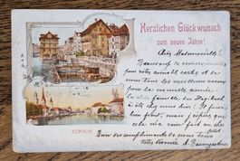 Jugendstil Neujahrsgruss von Zürich n. Paris 1905, z.E.Fouet