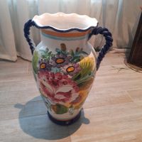 Sommerliche Blumenvase, Ton lasiert handbemalt, Top Zustand!