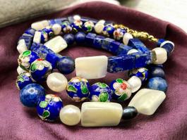 Unikat 💎 Halskette Lapislazuli, Perlmutt, Cloisonné-Perlen