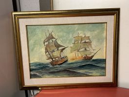 Ölgemälde Segelschiffe signiert ? Doppelrahmen , hinter Glas