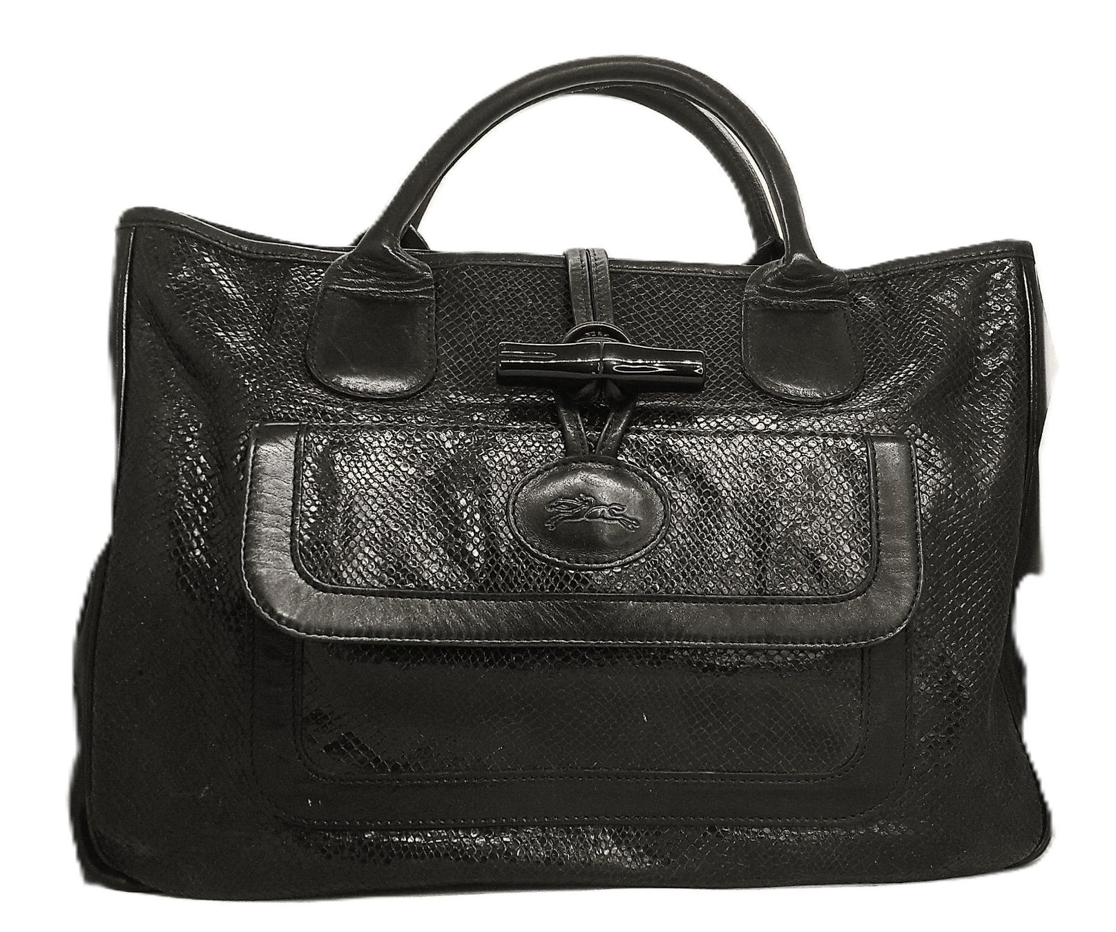 Longchamp Le Roseau sac vintage noir effet python 36x26 cm