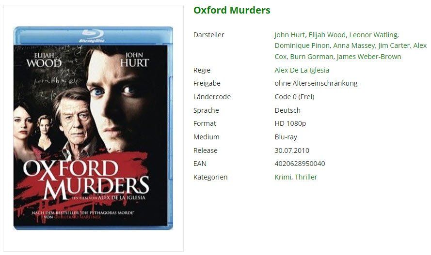 Alle DVDs: Oxford Murders (Bluray) – Gebraucht aus Emmetten von SVollenweider