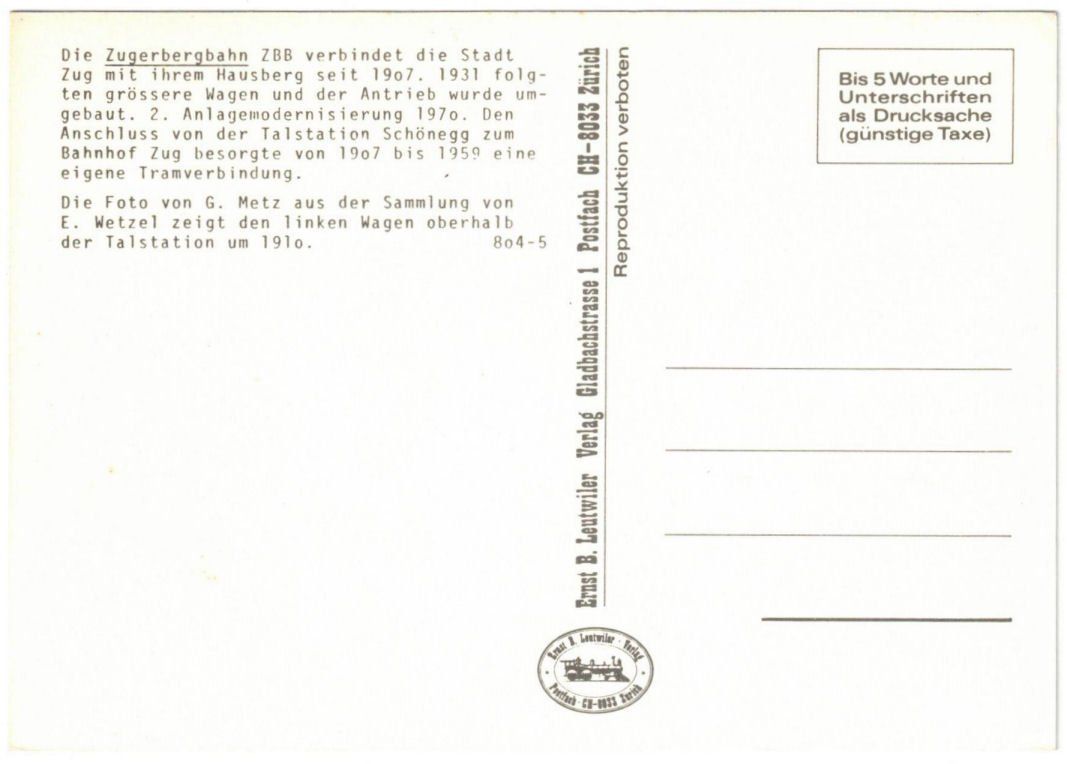 Cartoline postali: Zug - Standseilbahn Zugerberg  / Repro – Usato da Binningen venduto da Mountainrider 1
