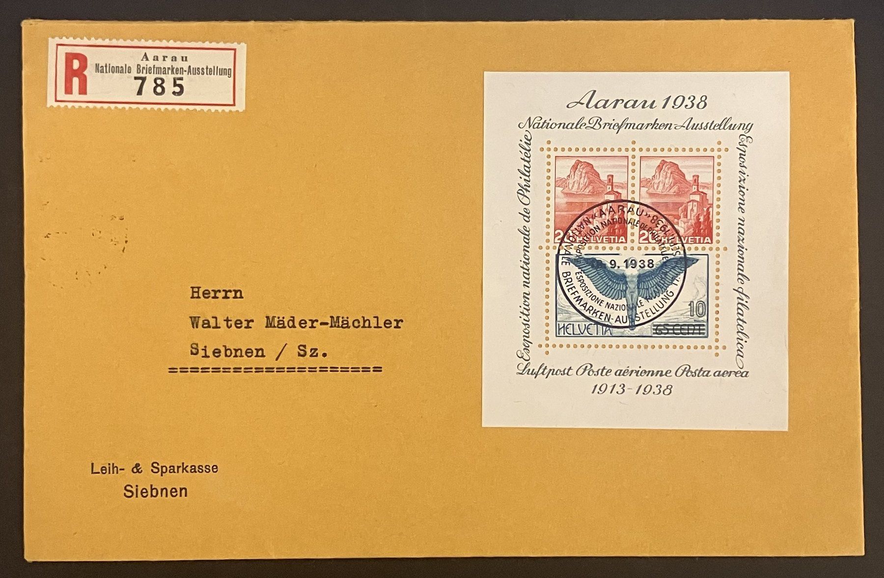 Alle Briefmarken: BELEG BLOCK AARAU 1938 ⦿ – Gebraucht aus Oberwil BL von SALOB