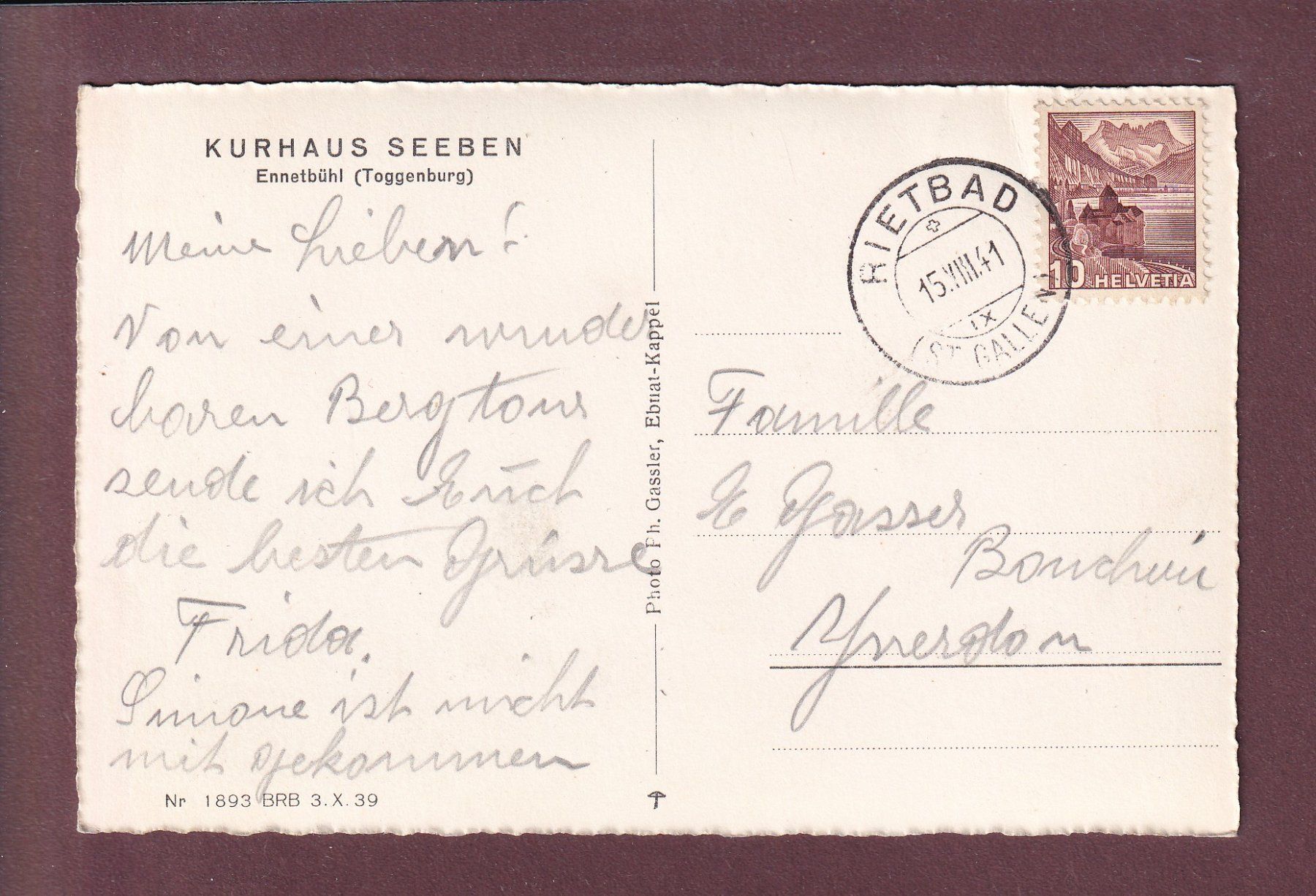 Ansichtskarten: ENNETBÜHL - Kurhaus Seeben - 1941 – Gebraucht aus Pully von nicecards 1