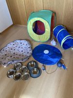 Katzenzubehör-Set: Spieltunnel, Zelt, Futter- und Wassernäpf