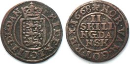 DÄNEMARK 2 Skilling 1668 FREDERIK III. Silber ss+