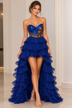 Pompöses Königsblaues Abendkleid Ballkleid S mit Schleppe