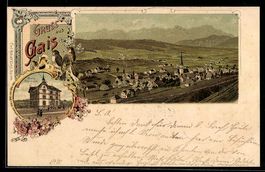 Litho Gais, Neues Schulhaus, Ortsansicht