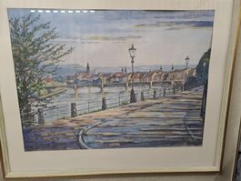 Gemälde Stadtansicht Basel mit Brücke Aquarell signiert 1963