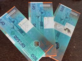 Komplett OFS Jubiläumsnoten 500. Schweizer test-Banknoten.