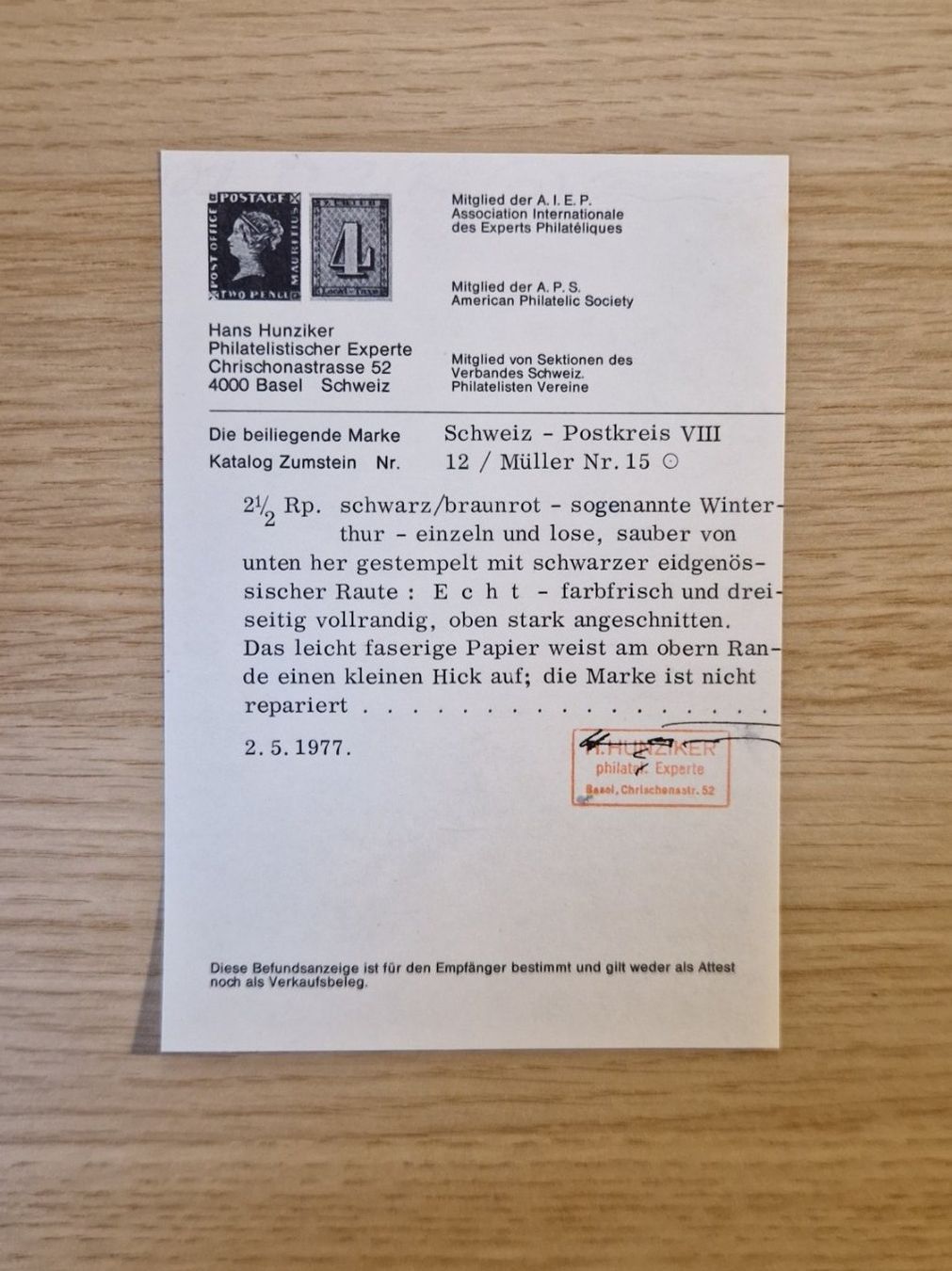 Tutti i francobolli: Ortspost - Winterthur Zst-Nr.12 mit Attest – Usato da Ortschwaben venduto da Ruebezahl 2