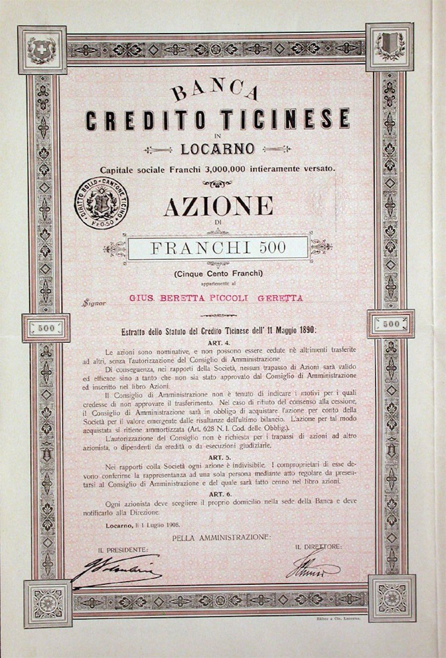 Documenti: Banca Credito Ticinese, Locarno - 1908 – Usato da Solothurn venduto da Sgasche