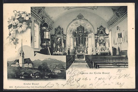 Cartoline postali: AK Giswyl, Kirche mit Innenansicht, 1904 – Usato da Berlin venduto da bartko-reher