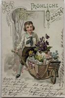 Ostern, Karren, Blumen, Prägedruck, Vollstempel Bruggen SG