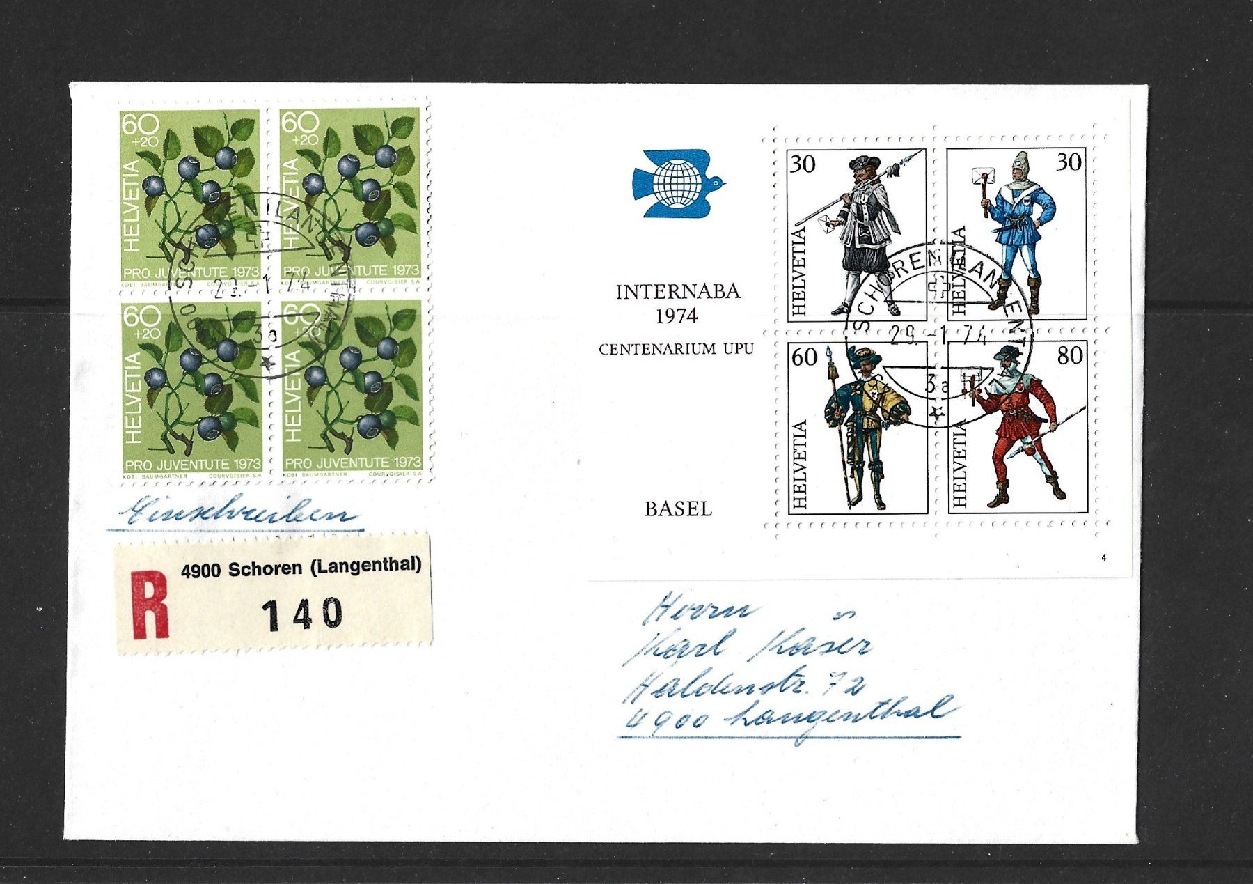 Tutti i francobolli: 1974 R-Brief mit Internabablock +PJ 73 – Usato da Rheinau venduto da loxis