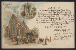 Litho Basel, Kirche mit Markt, Tor, 1898