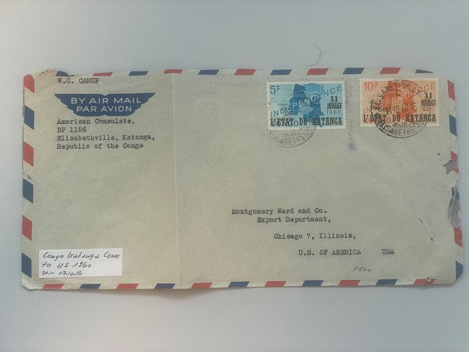 Alle Briefmarken: 1960 Congo Katanga to US – Gebraucht aus Küssnacht am Rigi von POSTOMASTER