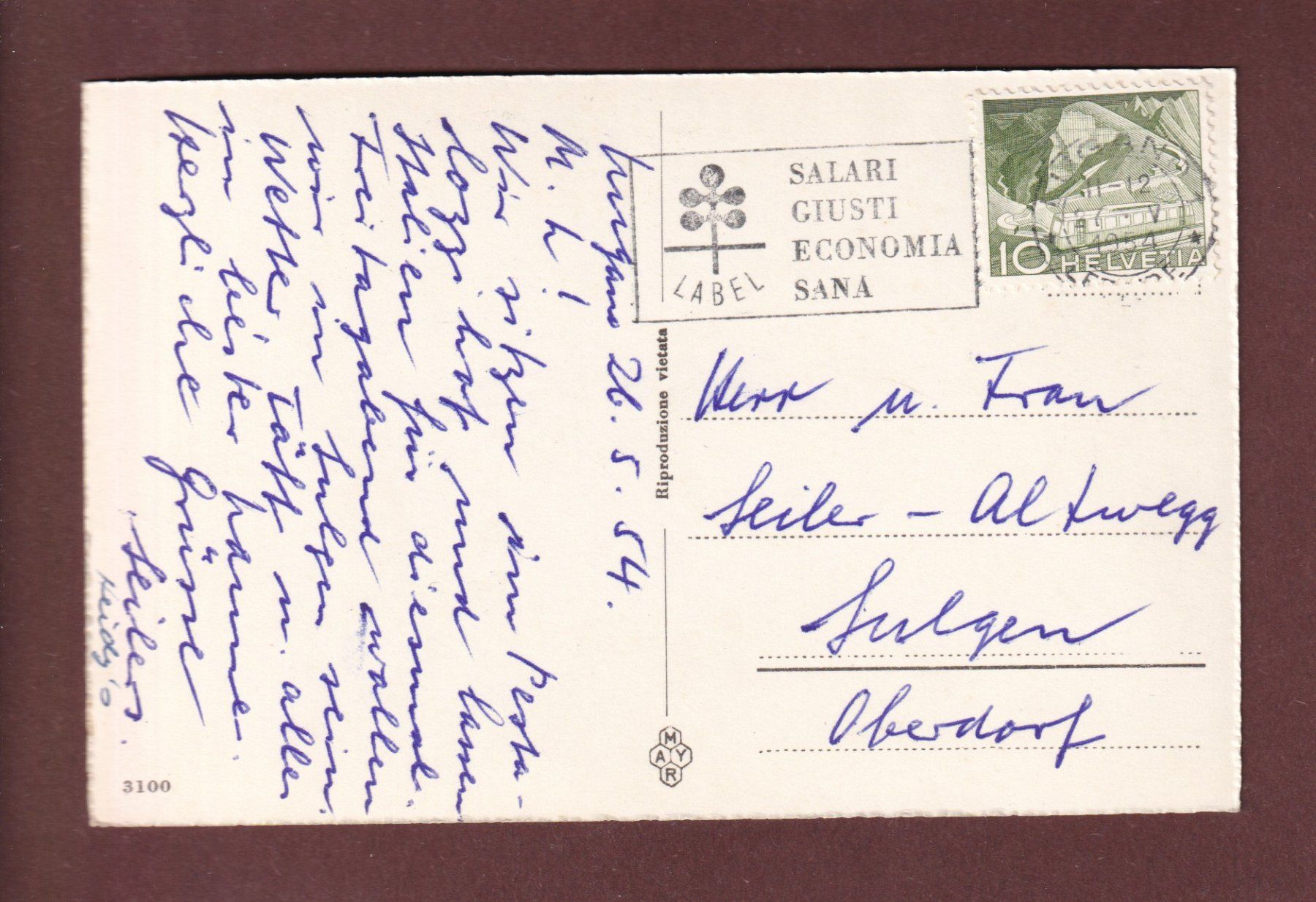 Cartoline postali: LOCARNO - 5 images - 1954 – Usato da Pully venduto da nicecards-shop 1